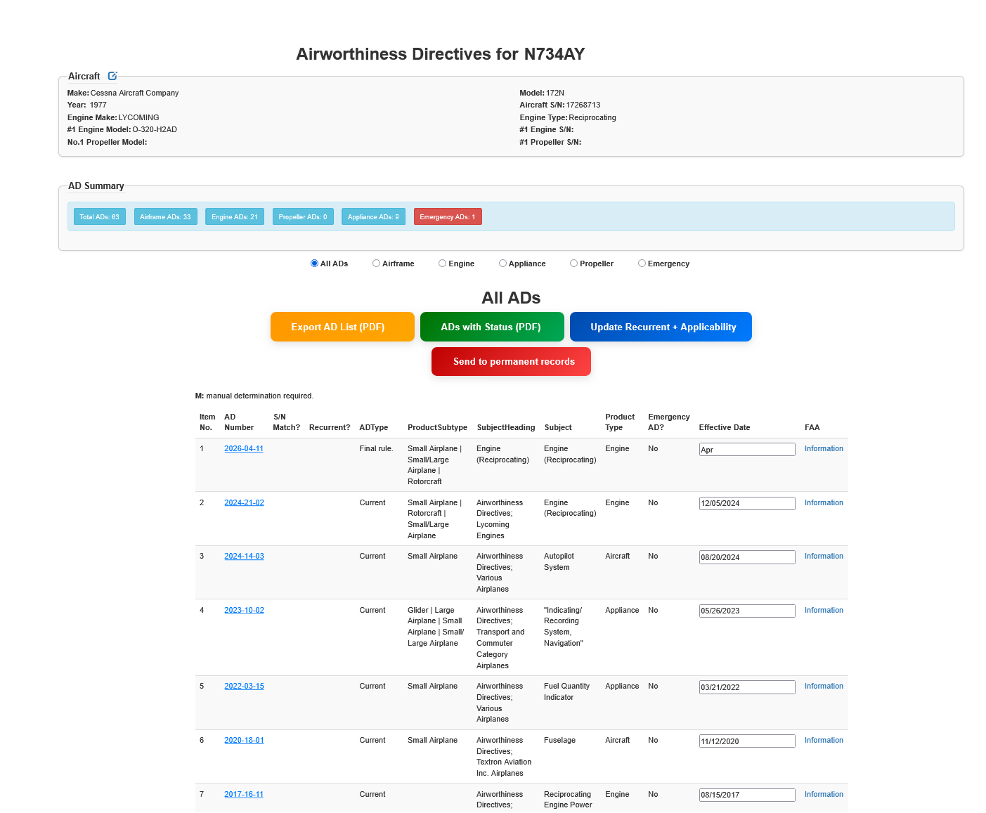 QuickLogBooks aircraft Airworthiness Directive tracking for an individual aircraft