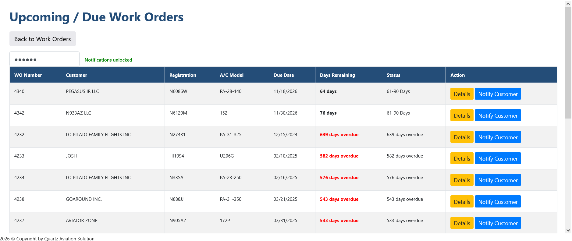 QuickLogBooks upcoming and due aircraft maintenance work orders